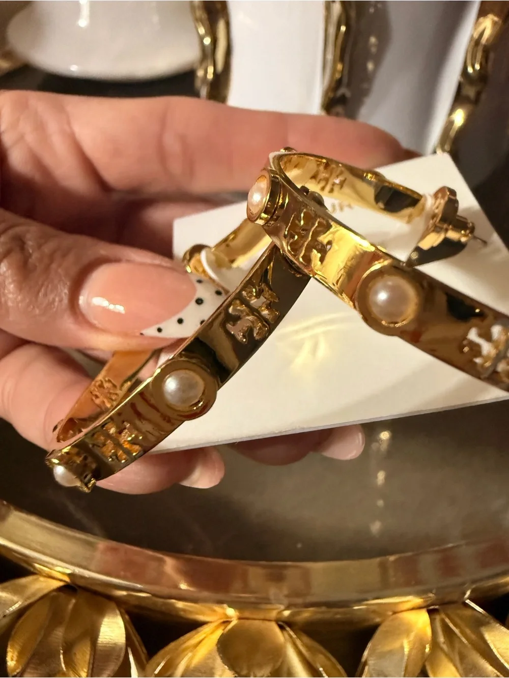 Tory Burch Gold-Tone Decorative Hoop Earrings with Logo and Pearls